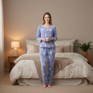 Pigiama da donna SY299R in pile a 3 pezzi, a maniche lunghe, con stampa floreale, morbido e casual, lunghezza intera, vita media con elastico - Product Image 2