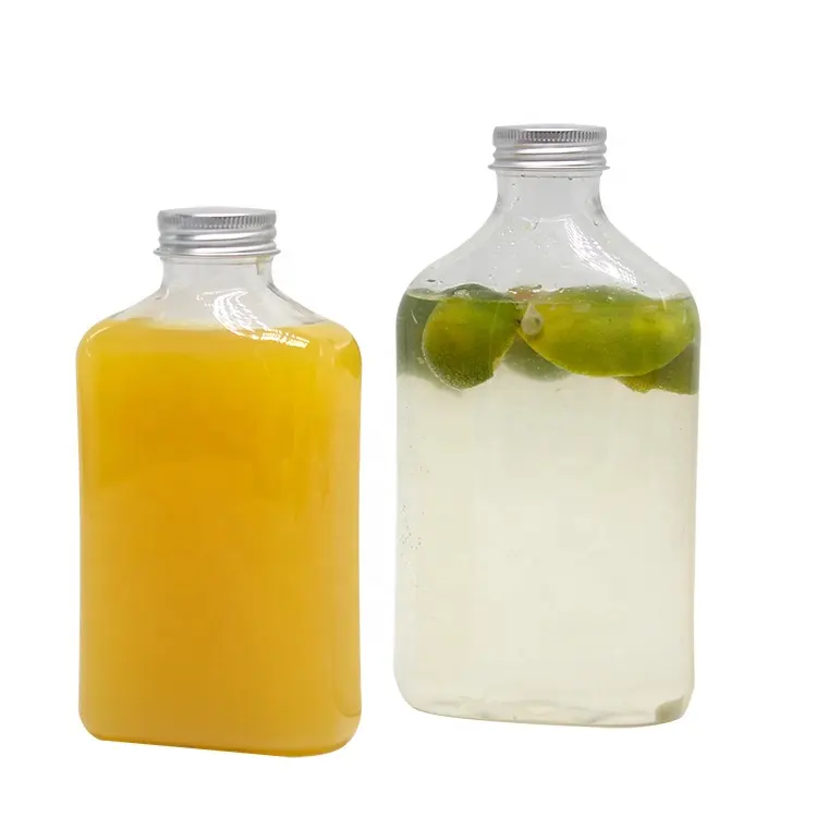 Botella de plástico desechable para zumo, leche, té, mascota, botella cuadrada plana con cubierta