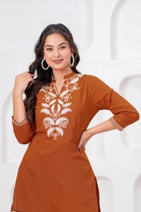 Brown Embroidered Kurti Plazzo Set <b>Three</b> Quarter Sleeve V Neck Casual Wear Solid Color Loose Fit All Seasons Cotton Outfit - Product Image 5