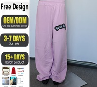 Pantalons sur mesure avec broderie de patchs violets, pantalons à jambes larges avec poches cousues, pantalons de sport en coton biologique