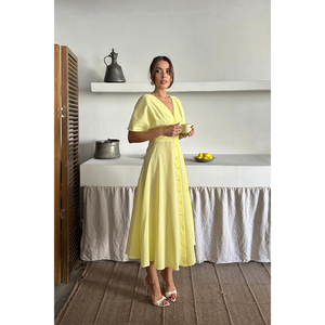 Robe en lin à col en V boutonnée devant, jaune, style midi pour femme, tenue d'été, taille S - Product Image 2