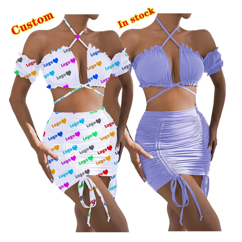 Custom Womens Two Piece Skirt Set Sexy Print Cut Out Halter Backless Crop Cami Top and Bodycon Mini Skort Skirt Party Clubwear