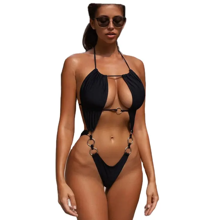 beach items 2023 swimwear Super Sexy Ring Ladies One Piece Swimsuit Black Hollow Design Open Front Halter Bikini