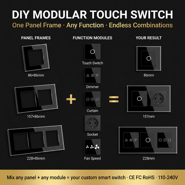 Mvava CE RoHS Smart DIY Modular Crystal Glass Touch Light Switch 1 2 3 Gang EU 86mm Socket Dimmer Curtain Tuya Wifi Wall Switch