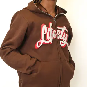 Personalizado Tudo sobre Impressão Hoodie Puff Impressão Algodão Zipup Hoodie Zipper Heavyweight Fleece Completo Zip up Hoodie