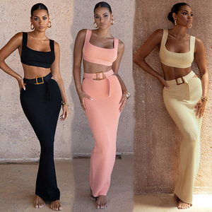 GX22395 <span class=keywords><strong>Abbigliamento</strong></span> Estivo Boutique, Completo Sexy in Maglia, <span class=keywords><strong>Abbigliamento</strong></span> da Strada, Top Corto Senza Maniche e Gonna Abbinata, Set Due Pezzi da Donna - Product Image 3