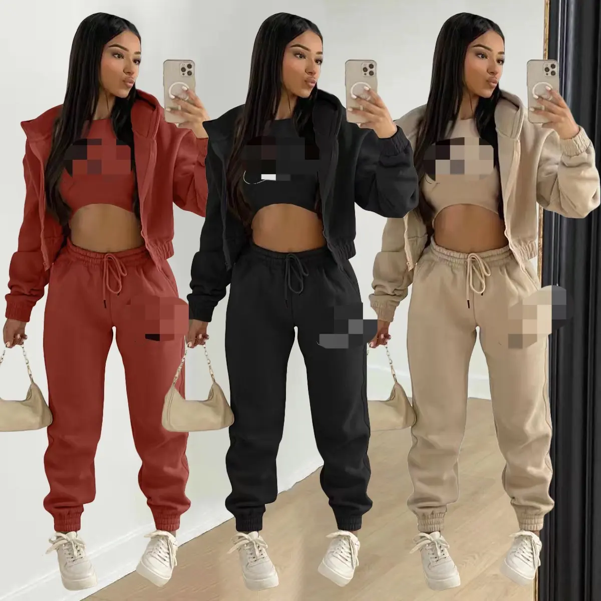 2022 nouveau Design femmes vêtements ensembles Oem Logo personnalisé survêtement salon porter pantalons de survêtement et sweat à capuche 3 pièces ensemble