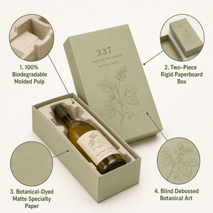 Boîte d'emballage pour vin en carton rigide et écologique vert olive pâle avec insert en pulpe de papier moulé biodégradable, boîte cadeau pour vin naturel - Product Image 3