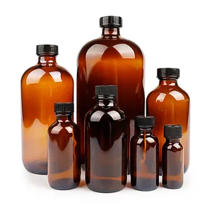 Amber Boston Ronde Glazen Fles 120Ml 250Ml 500Ml 1000Ml Fenolische Kegeldop + Zwart Plastic Dop Gratis Monster Schroefdop