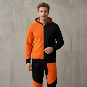 Survêtement à capuche pour homme, orange et noir, avec blocs de couleur, manches longues, fermeture éclair, poches latérales, tenue décontractée pour l'automne - Product Image 1