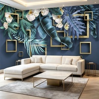 Papier peint mural 3D avec cadre doré, orchidée tropicale, feuille de palmier Monstera bleue, fond bleu marine, papier peint pour salon, décoration murale TV