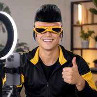 Masque intégral en latex rétro années 50 style rockeur, cheveux pompadour noirs, lunettes dorées, design œil en maille, écologique, réutilisable, pour fête et cosplay