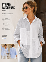 Chemisier décontracté surdimensionné en mousseline brodée à rayures et patchwork pour femme, avec panneau en dentelle unique, manches longues, vente en gros OEM ODM