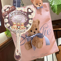 Miroir cosmétique portable Sweetheart Bear à poche unique, marron caramel, rose crème, style Rococo pour fille