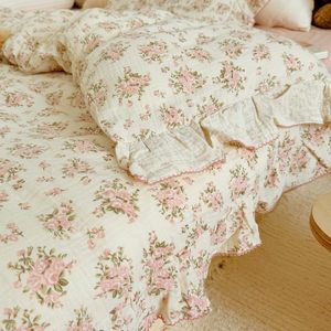Housse de couette en coton mousseline chic pour adolescentes, motif floral rose - Product Image 3