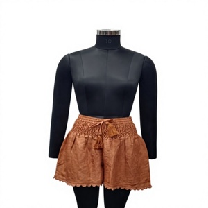 Pantalones cortos de algodón de cintura alta para mujer con cordón y decoración de borlas, color sólido, corte holgado, estilo informal, naranja - Product Image 1