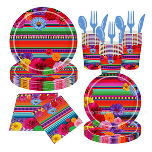 Mexican Carnival <b>Disposable</b> Tableware Set Paper <b>Plates</b> Cups Napkins Cutlery Party Supplies Kit Environment Friendly - Product Image 1