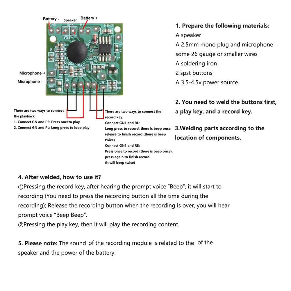 ASHATA Registrazione Vocale Modulo,Modulo di Riproduzione Registrazione Vocale Modulo di Registrazione Suono Chip Fai da Te, Scatola di Registrazione Modulo Chip Audio(2 Minuti