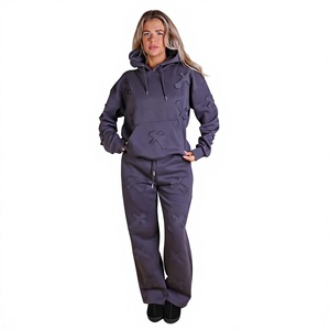 <b>Women's</b> Gray Embossed X Pattern 2 Piece Hooded Tracksuit Set Loose Fit Casual Full Sleeve <b>Knitted</b> Sweatshirt <b>Jogger</b> Pants - Product Image 1