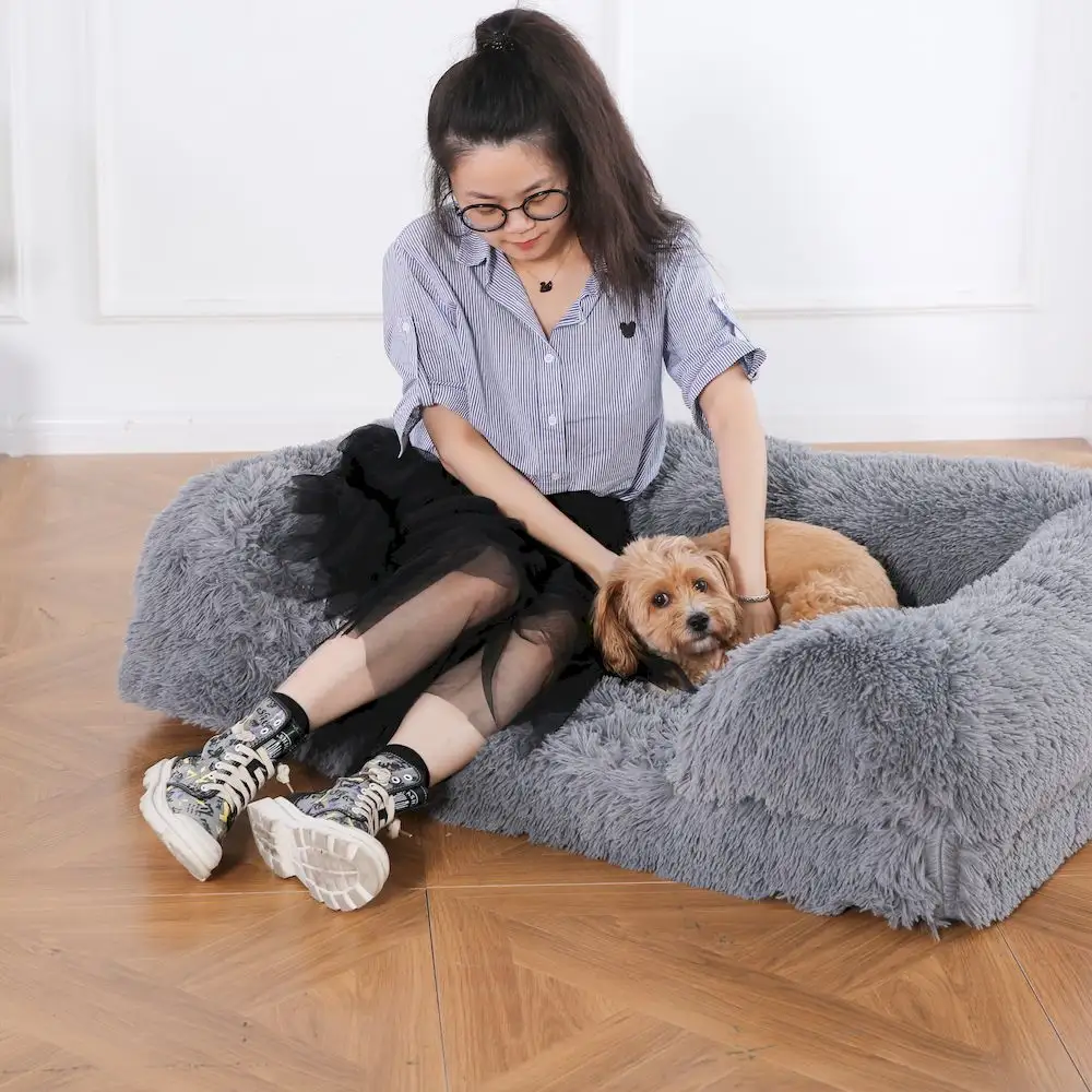 Nieuw Design Luxe Pluizige Faux Bont Pluche Grote Huisdier Slaapbank Orthopedische Hondenbed