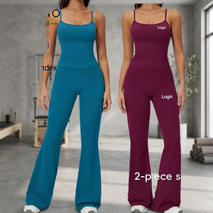 Solid Color 2-Piece Yoga Set High Waist <b>Flared</b> Leg Spaghetti Strap Crew Neck Breathable Elastic Waist Quick Dry Spandex/Nylon - Product Image 2