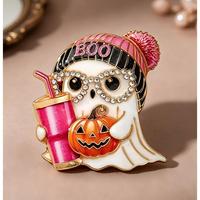 Épinglette fantôme en émail avec chapeau en tricot rose et broche en strass d'Halloween, avec accessoire citrouille pour la décoration de vêtements et de sacs