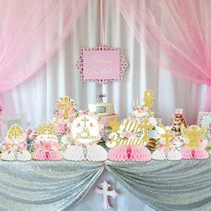 8 Piezas de Centros de Mesa de Panal de Abeja para Bautizo, Decoraciones para Baby Shower de Niñas, Color Rosa Floral, <span class=keywords><strong>Dios</strong></span> Bendiga, Primera Comunión - Product Image 6