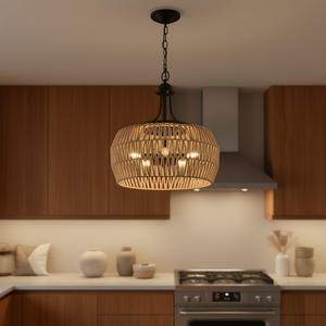 Luminaire suspendu en corde de chanvre naturelle de style bohème, 19 pouces, abat-jour en rotin tissé à la main, luminaire de plafond noir pour la cuisine - Product Image 2