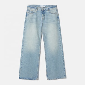 Pantalones vaqueros de <span class=keywords><strong>tiro</strong></span> <span class=keywords><strong>bajo</strong></span> de ajuste holgado para mujer OEM 100% algodón pantalones de mezclilla azul claro ropa de calle informal pantalones vaqueros de pierna ancha - Product Image 1