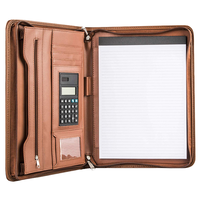 Portafolio con Cremallera Hecho a Mano, Carpeta de Archivos A4, Maletín de Cuero Vegano Marrón con Calculadora, Impermeable, Ecológico, Unisex