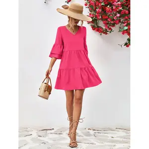 Wholesale Cheap Sell 2023 Women Casual Dress V Neck Flounce Short Sleeve Dress A Line Pleated Mini Dress