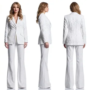 Completo Due Pezzi da Donna con Blazer Ricamato in Pizzo e Pantaloni a Gamba Larga, Elegante e Formale per Ufficio, in Seta Bianca di Lusso Personalizzato Jinyuan - Product Image 3