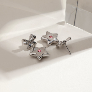 Star <b>Bow</b> Drop Earrings Stainless Steel Pink Rhinestone <b>Gift</b> Jewelry - Product Image 3