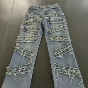 Pantalones vaqueros de mezclilla de cintura alta con borlas y bordados, estilo casual recto Y2K, holgados, tipo cargo, talla XL, con bordado de dibujos animados y agujeros transpirables - Product Image 2