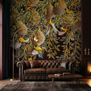 Papel Tapiz Mural Autoadhesivo Impermeable con Fondo Oscuro y Aves Tropicales para Decoración de Paredes de Sala de Estar - Product Image 1