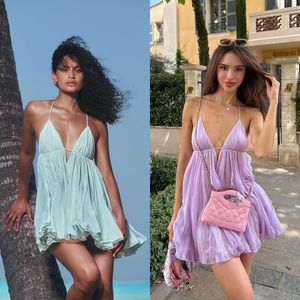 Women Sexy <b>Spaghetti</b> <b>Strap</b> Deep V Neck Flowy Mini Dress Summer Holiday Vacation Dress - Product Image 3