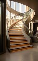 Escalier pliant moderne de luxe sur mesure pour intérieur, escalier courbé avec marches en bois massif et balustrade en verre, idéal pour hôtels, résidences et villas.