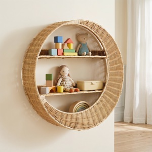 Handmade Woven Rattan Wall <b>Shelf</b> Circular 3 Tier Wall Mounted Storage <b>Rack</b> For Home Decor - Product Image 3