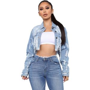 <span class=keywords><strong>Veste</strong></span> <span class=keywords><strong>en</strong></span> <span class=keywords><strong>jean</strong></span> ajourée pour <span class=keywords><strong>femme</strong></span>, vêtement court avec trou au <span class=keywords><strong>dos</strong></span>, vente <span class=keywords><strong>en</strong></span> gros - Product Image 1