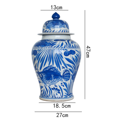 中国古董手绘蓝白鱼藻瓷器花瓶和家居装饰罐子现代风格装饰花瓶