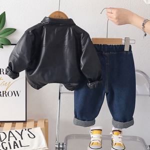 2026 New Boys Spring Autumn Clothing Set Stylish Lapel Faux <strong>Leather</strong> <strong>Jacket</strong> With Square Pocket Two Piece Outfits for Baby Kids - Product Image 4
