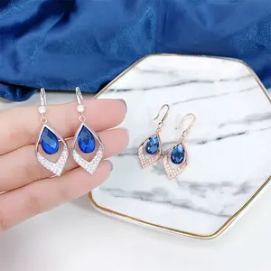 Hoge Kwaliteit Vrouwen Sieraden Zilveren Vergulde Blue Crystal Dangle Hook Oorbellen Water Drop Hanger Oorbellen