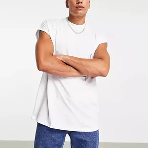 New design oversize long line t-shirt with crew neck and roll sleeve in white for men