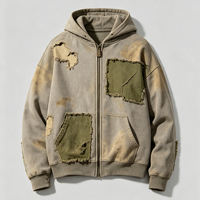 Sweat à capuche zippé intégral épais, délavé vintage, effet usé, patchwork, effet soleil éclairé, style Wasteland Street Jacket, pour les amateurs de vintage et le quotidien
