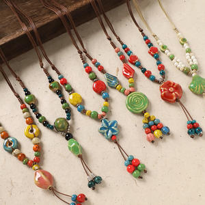 Collar de cerámica con cuentas coloridas, cadena larga para suéter con forma de flor, accesorio retro para mujer - Product Image 2