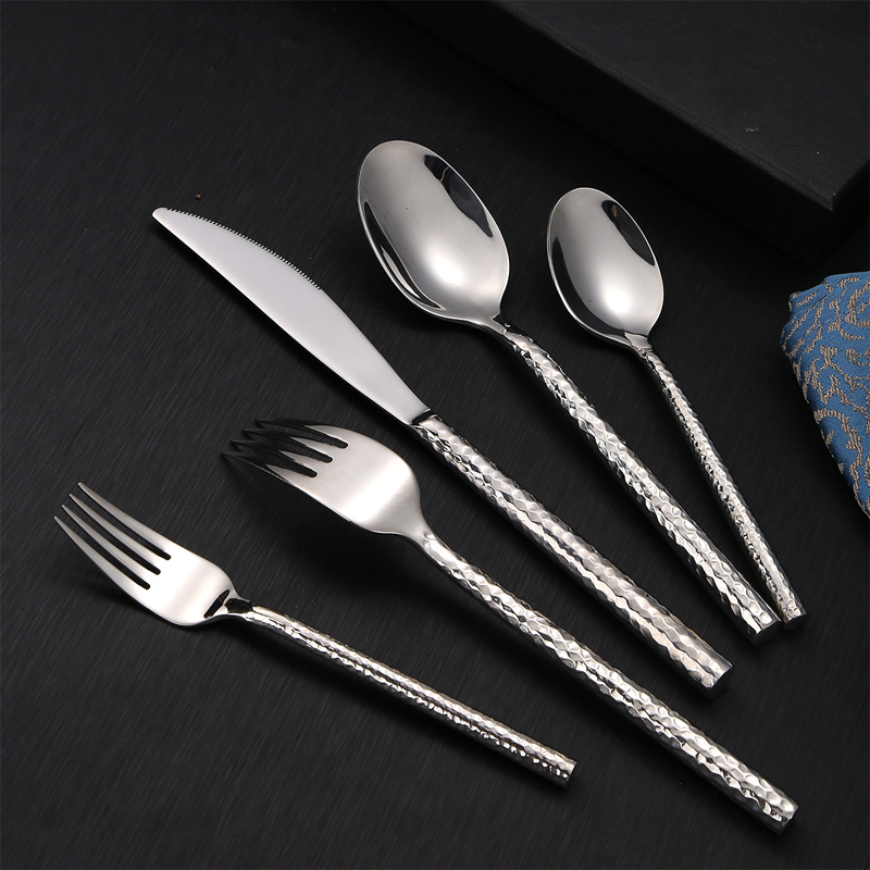 Modern Dinner Knife Forks Spoons Set Tableware 5pcs Gold Cutlery Set Hammered Handle Stainless Steel Flatware Sets Silverware · image 2