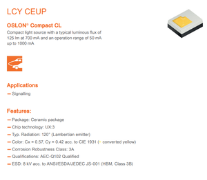 OSRAMs OSLON Compact CL LCY CEUP 580-595nm Yellow 175lm 2.2W 120Degree Ceramic Automotive SMD LED - Product Image 2