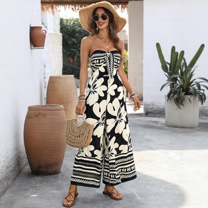 Nuova Tuta Estiva Best-Seller Stile Dolce con Stampa Floreale, Vita Alta, Lunghezza Intera, Colletto a Risvolto in Viscosa - Product Image 2