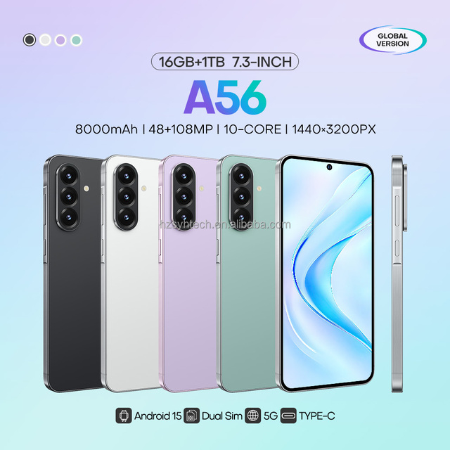 Original A56 Deca Core 16GB RAM 5G Smartphone 7.3 Inch HD 120Hz OLED Displays 108MP Camera Cellphone for Travel & Selfie & Vlog