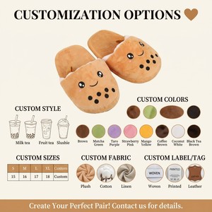 Pantoufles personnalisées mignonnes en peluche <span class=keywords><strong>Bubble</strong></span> <span class=keywords><strong>Tea</strong></span>, design <span class=keywords><strong>Smiley</strong></span> de dessin animé, chaudes et douillettes, à bout ouvert, pour l'intérieur, pour adultes et enfants - Product Image 3